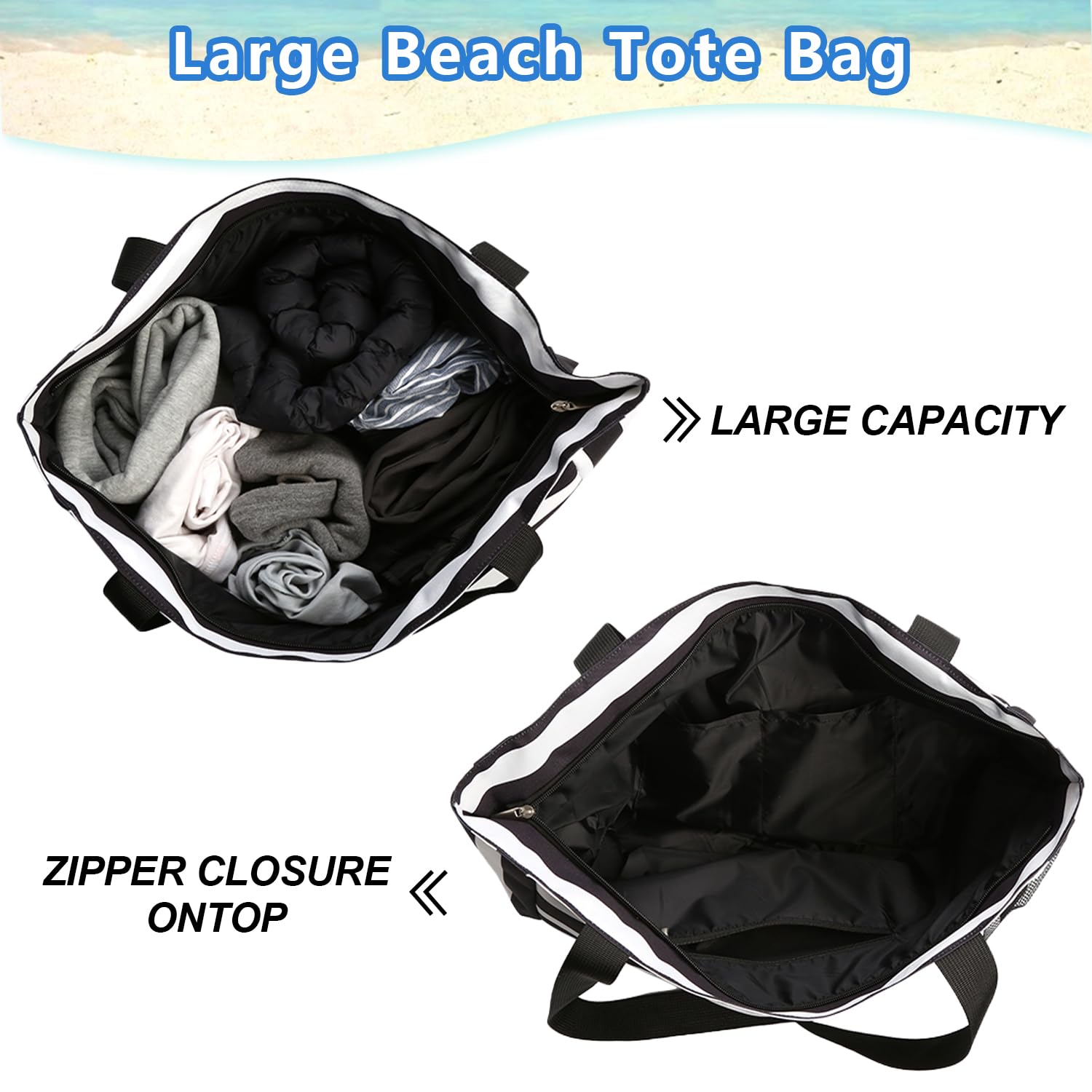 TAHAVICE Extra Large Beach Tote Bag for Women, Water-resistant Tote Bag with Zipper Multi-function Pockets Reusable Shopping Shoulder Bag,Sandproof Swim Pool Bag,travel vacation essentials