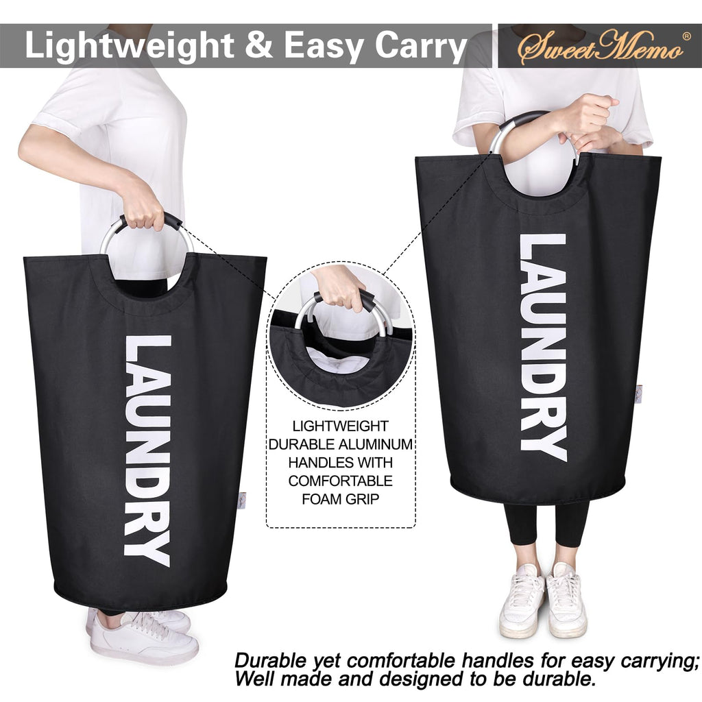 SweetMemo Large Laundry Hamper Collapsible 95L，Tall Laundry Basket with Handles, Freestanding Clothes Hamper Bag – Dirty Fabric Laundry Bin for College Dorm Laundry Room, Sturdy, Lightweight – (Black)