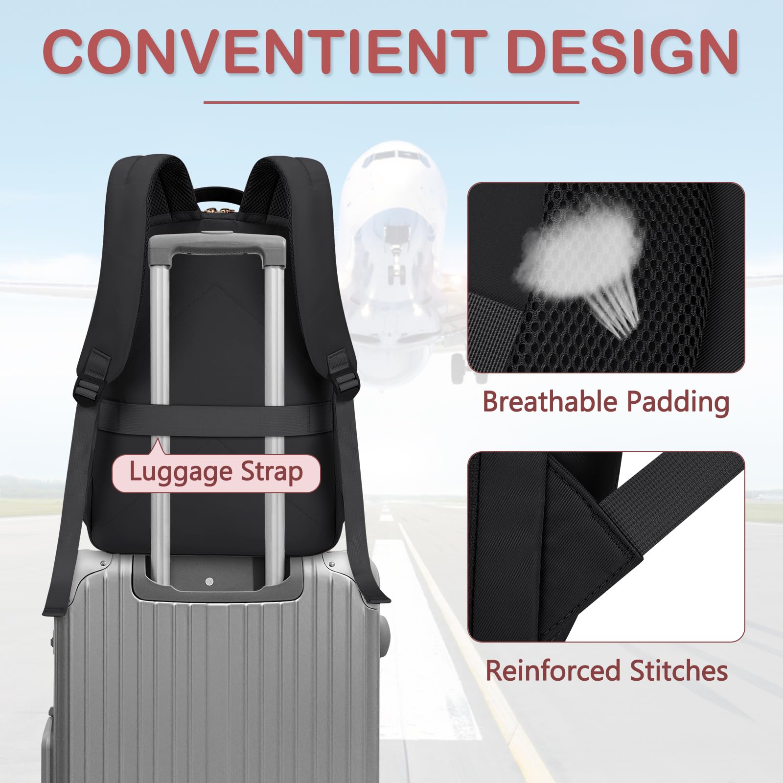 Laptop Backpack for Women 15.6 Inch Travel Backpack With USB Port, Lightweight School Backpack Waterproof Computer Bag for School Work Travel, Black
