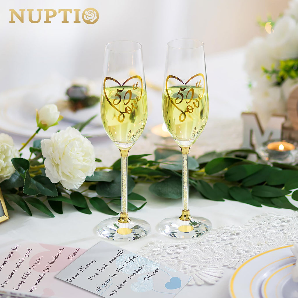 NUPTIO 50th Anniversary Champagne Flutes: Set of 2 Gold Crystal Toasting Glasses with Wooden Gift Box Engraved Wine Glass for Birthday Party Table Decoration Ideal Gifts for Couple Parents His and Her