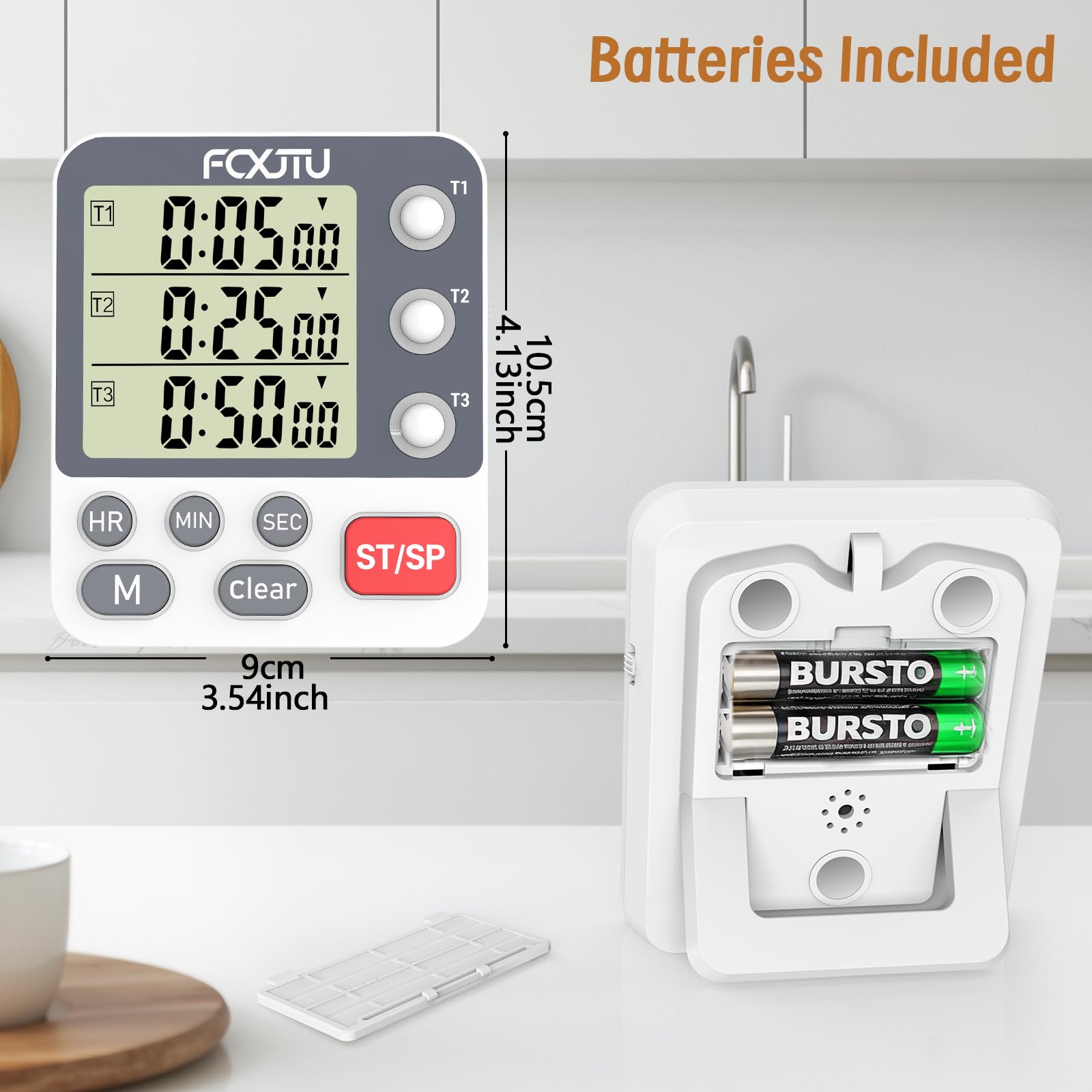 FCXJTU Digital Dual Triple Kitchen Timer, 3 Channels Count Down Timer, Cooking Timer, Large Display, Loud Alarm and Flashing Light with Magnetic Back, Stand, Battery Included (White)