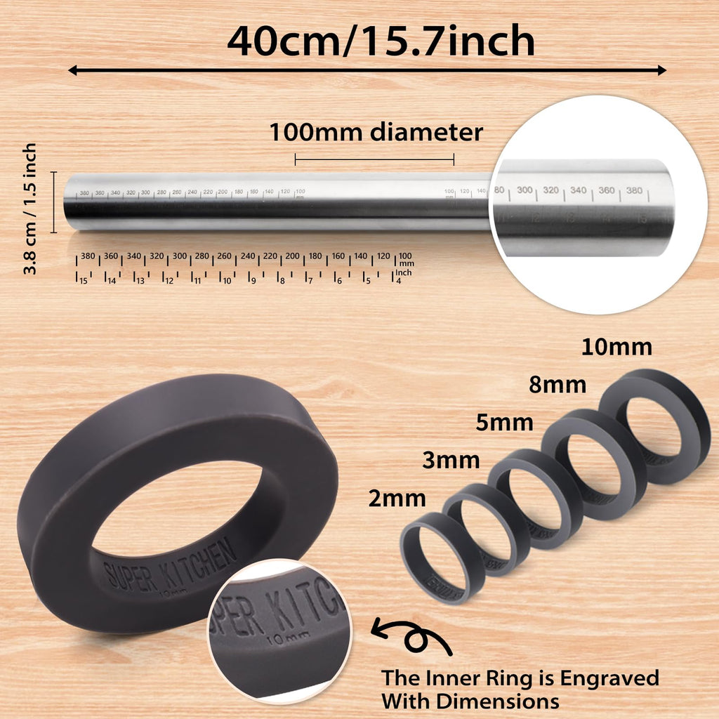 Adjustable Rolling Pin with Thickness Rings for Baking -Non Stick Dough Roller Pin with Spacer Bands for Cookie,Pie Crust, Pastry Fondant and Bread By Super Kitchen (Stainless Steel, 15.8")