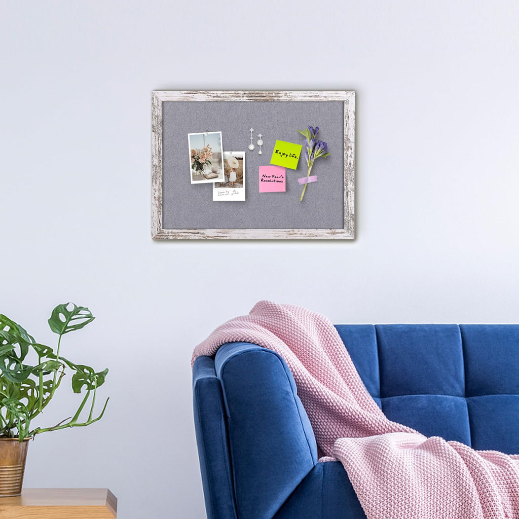 Aitakatta Gray Felt Cork Board Bulletin Board, Decorative Hanging Cork Boards for Walls with White Rustic Wood Frame, Pin Board Vision Board for Office Home and School with Pins, Screws (4333,WH,1pc)