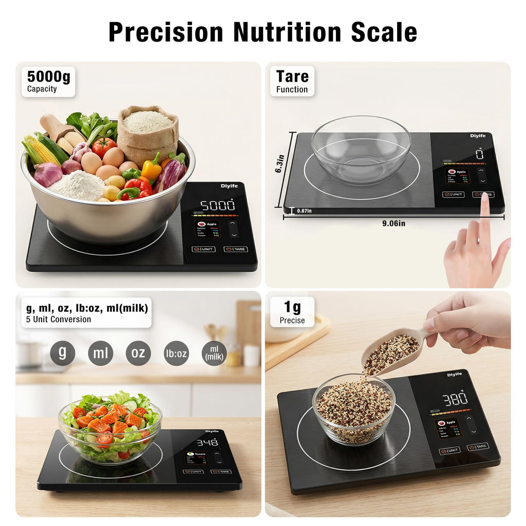 Smart Food Scale with Nutritional Calculator, [TFT Colorful Display] 5kg Nutrition Scale with App, 25 Nutrients Tracking, Calorie, Macro, Keto, Weight Loss, Tare, 5 Units for Meal Prep & Baking