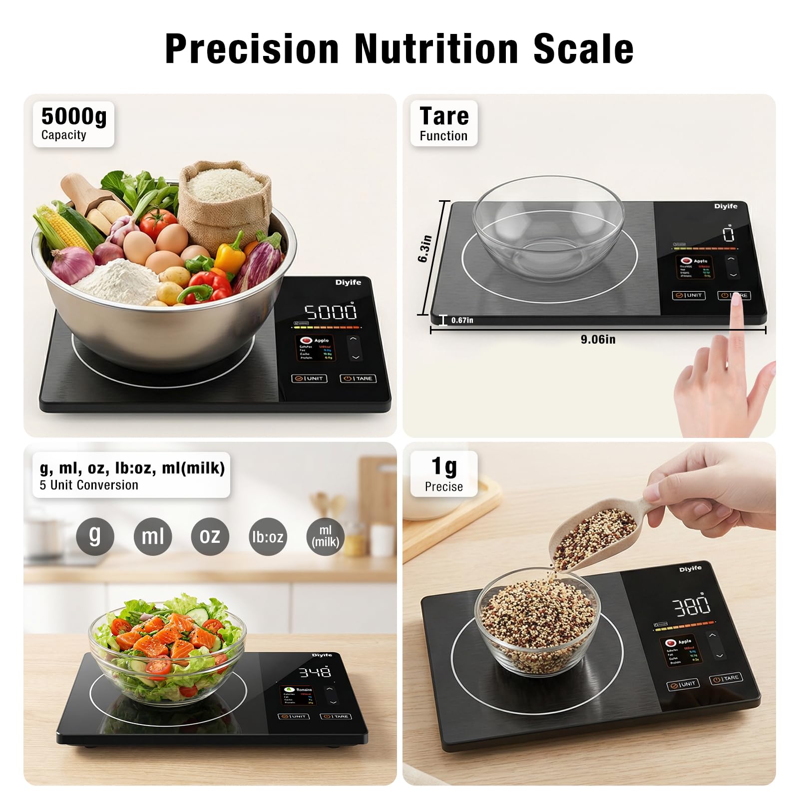 Smart Food Scale with Nutritional Calculator, [TFT Colorful Display] 5kg Nutrition Scale with App, 25 Nutrients Tracking, Calorie, Macro, Keto, Weight Loss, Tare, 5 Units for Meal Prep & Baking