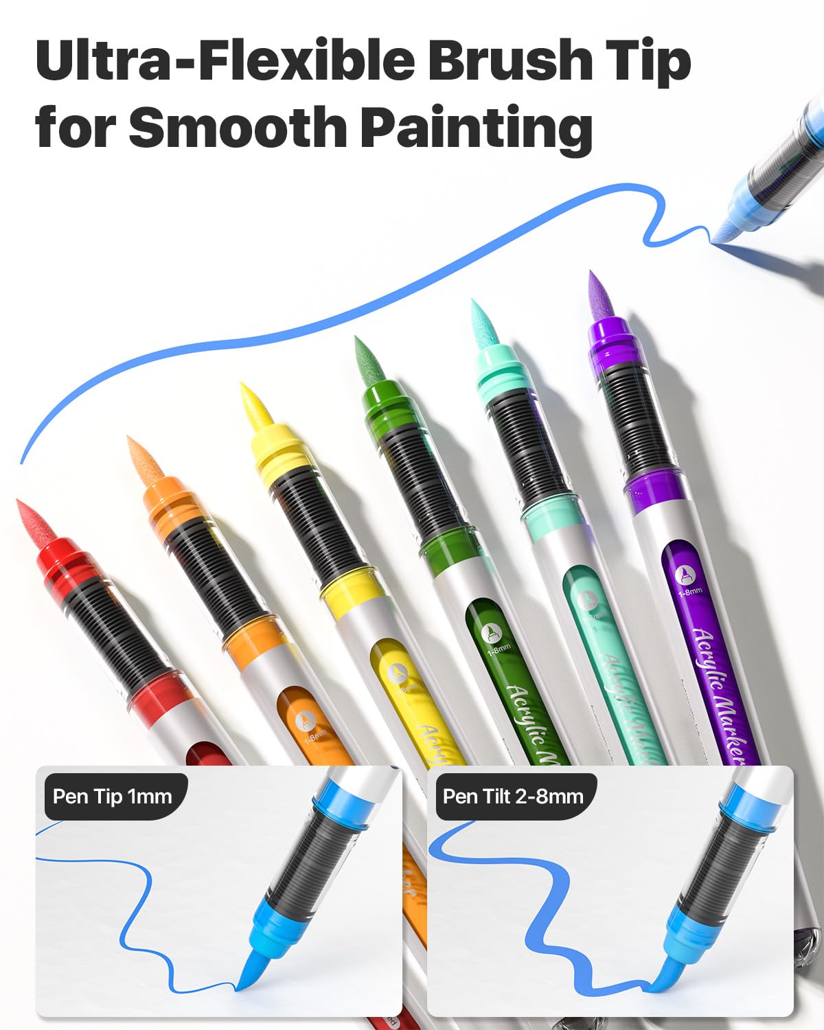 JusArt 48 Colors Acrylic Paint Markers with Canvas Bag, Water-Based No-Bleed Paint Pens with Automatic Ink Control System, Waterproof Brush Tip Markers for Rock, Egg, Wood, Fabric, Glass, DIY Crafts