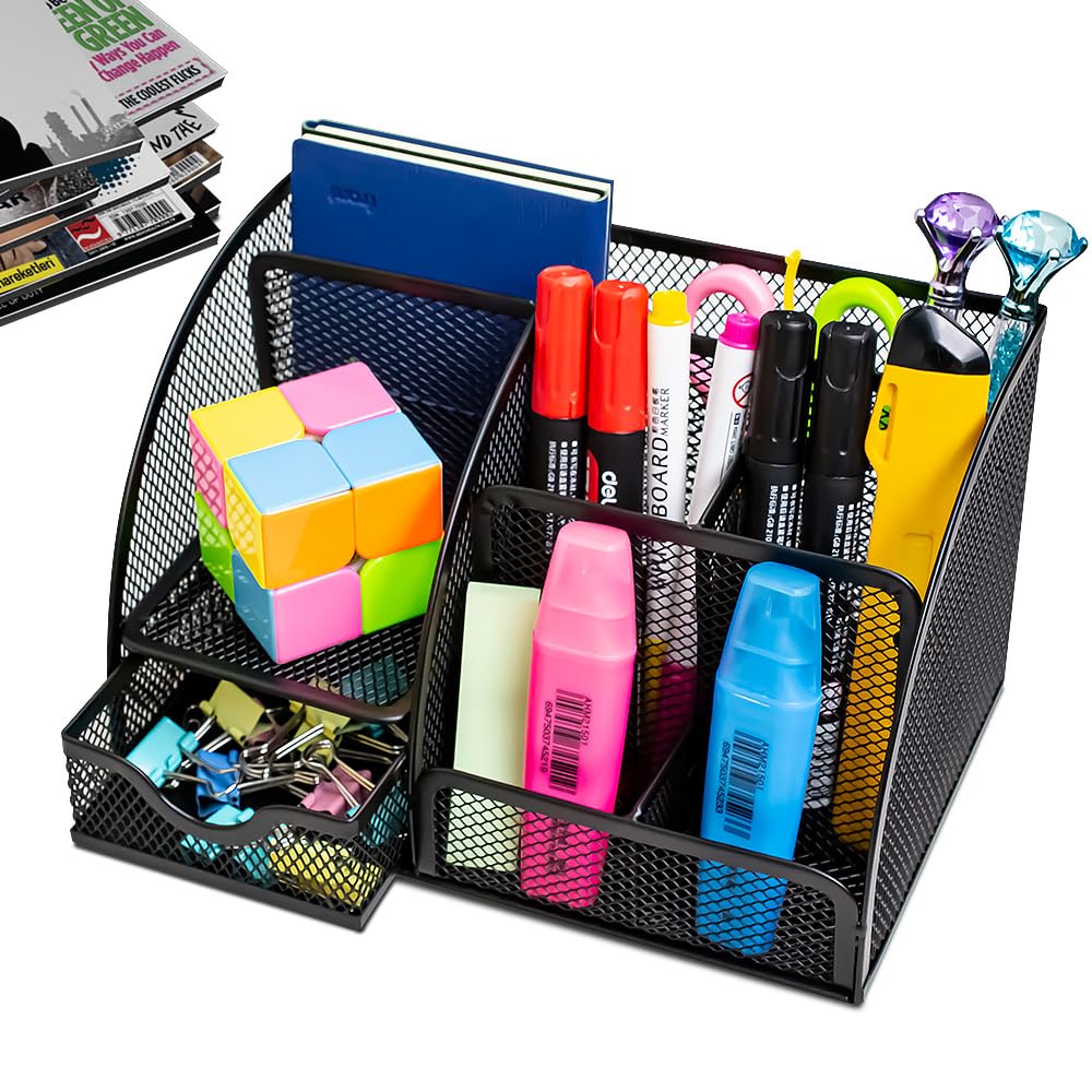 Desk Organizer with Drawer and Multi-Compartment Design for Office Supplies, Cosmetics, and Home Accessories-Steel Mesh