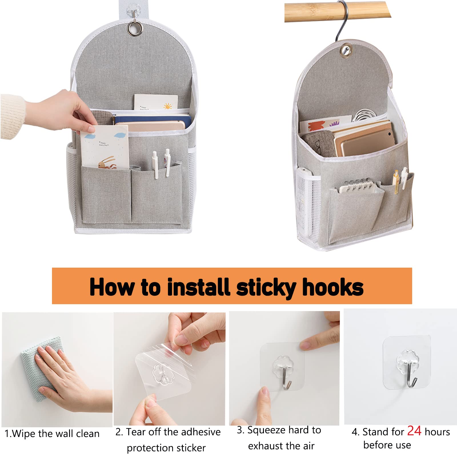 Tneene 2 Pack Wall Hanging Storage Bags, Hanging Pocket Linen Cotton Wall Basket with 4pcs Sticking Hook, Over Door Hanging Closet Organizer Box Containers for Bedroom Bathroom Dormitory (2Pcs Grey)