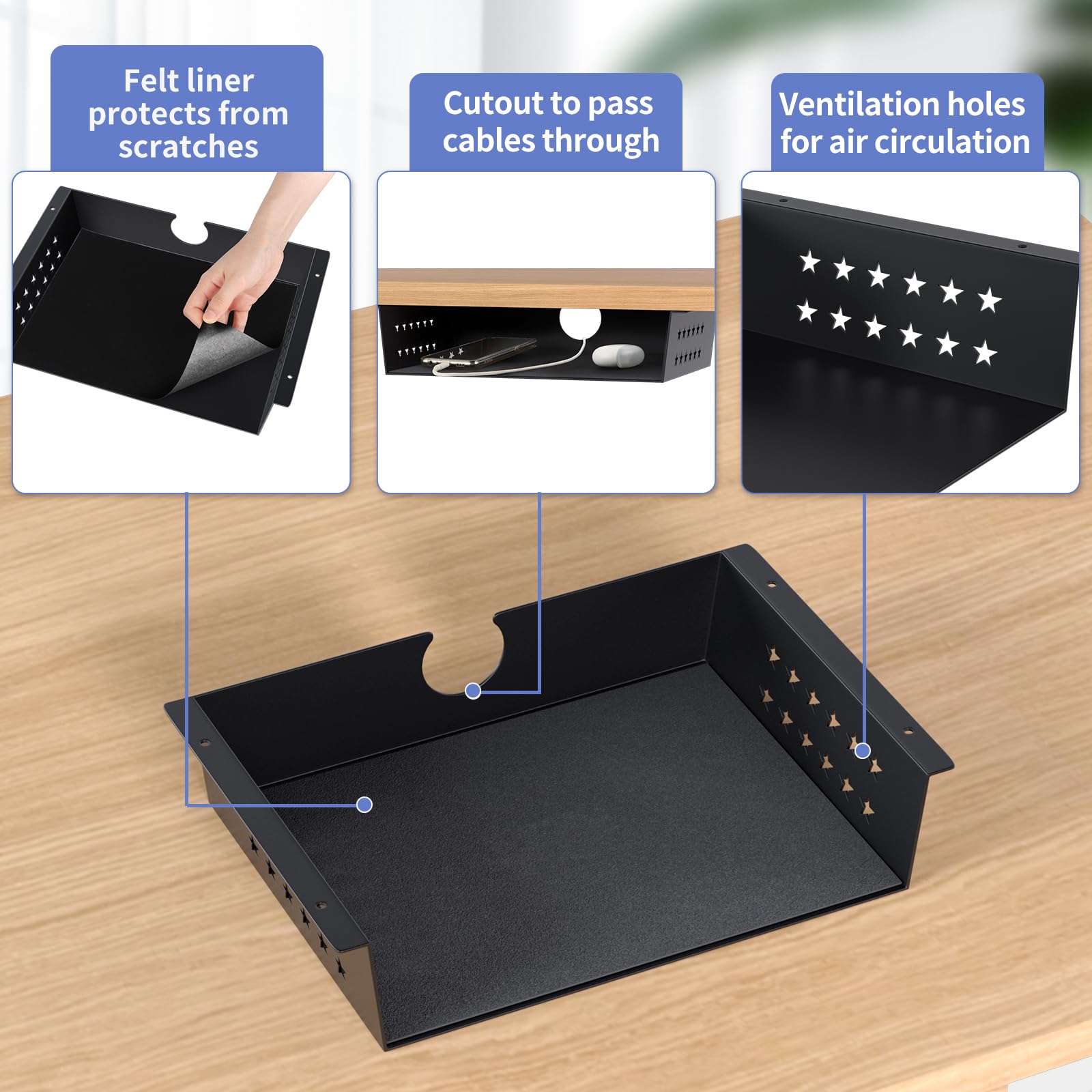 MOLIGOU Under Desk Storage Shelf, Under Desk Tray with Stick-On Felt Pad, Screw Mount Under Table Hidden Storage for Home Office, Kitchen Cabinet