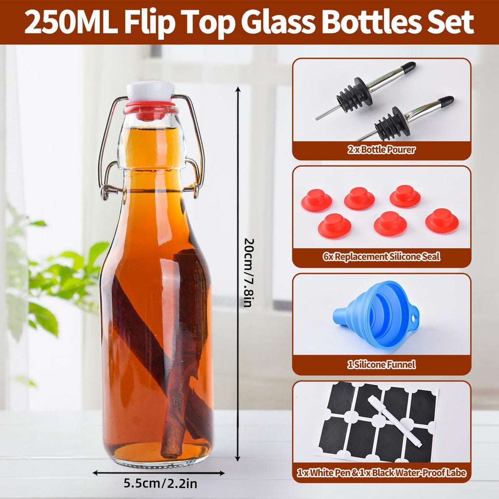 6 PCS 250ml Glass Bottles with Stoppers, Swing Top Beer Brewing Glass Bottles with Airtight Lid, Flip Top Glass Bottle for Fermentation, Kombucha, Vanilla Extract, Wine, Oil, Vinegar and Beverages