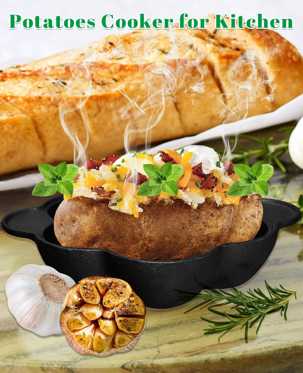 Pinra Pre-Seasoned Cast Iron Dutch Oven Pot, Potato Garlic Roaster Baker, Roasted Garlic Potatoes Cooker for Kitchen Oven or Outdoor BBQ Grill, Cast-Iron Ramekin Pot with Lid