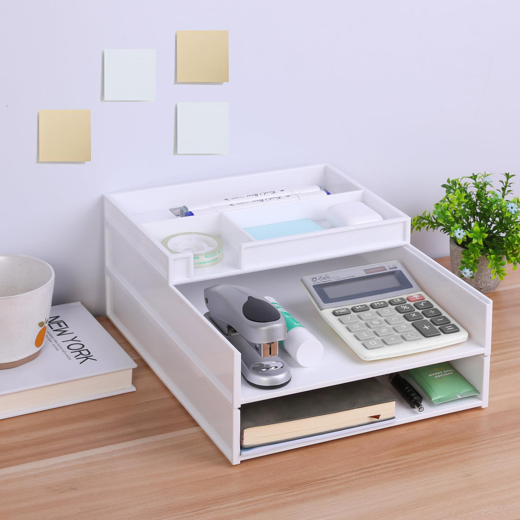 Eufrozy 3 Tier Stackable Letter Tray Paper Organizer, White Desk Paper Tray for Classroom Office Desktop Organizing Cardboard Inbox File Sorter A4 Paper Turn in Tray Document Storage Mail Holder