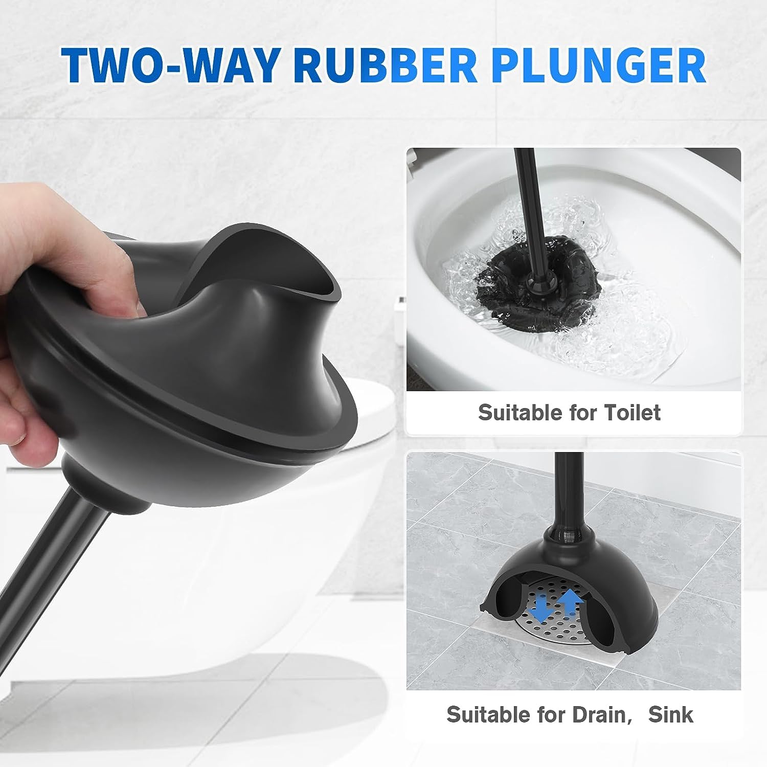 Toilet Plunger and Brush, 2-in-1 Bowl Brush and Heavy Duty Toilet Plunger Set with Ventilated Holder Combo for 5.3-inch Toilet Drain Bathroom Cleaning (Black)