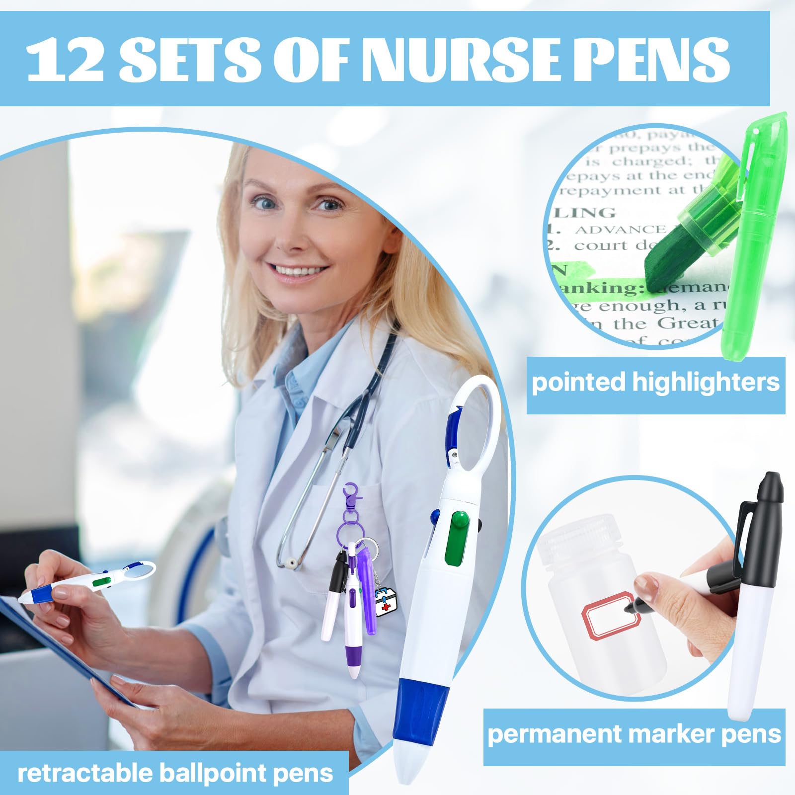 Supkiir 60 Pcs Mini Nurse Pen Kit, Mini Highlighter Nurse Pens, Nurse Accessories Set Including 12 Badge Reel Pens, 12 Permanent Marker Pen, 12 Tip Highlighter with 12 Nursing Keychain Clip