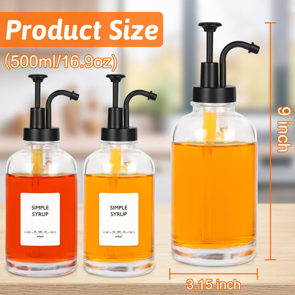 Coffee Syrup Bottles 16.9 oz - Round Glass Bottles 2 Pack with Black Pump Dispenser for Coffee Bar and Kitchen - including 36 Labels and 1 Folding Funnel