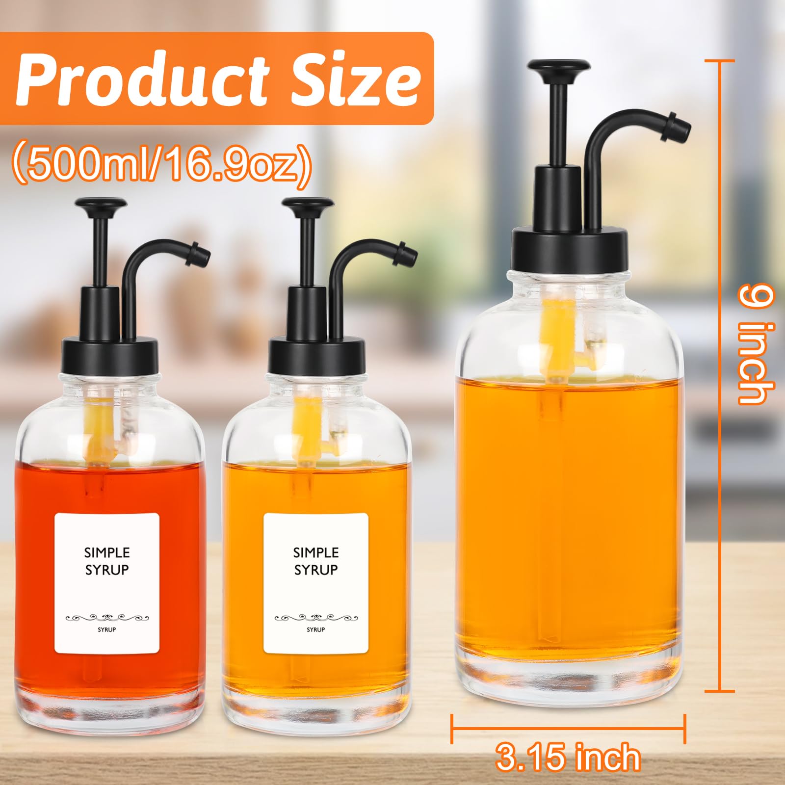 Coffee Syrup Bottles 16.9 oz - Round Glass Bottles 2 Pack with Black Pump Dispenser for Coffee Bar and Kitchen - including 36 Labels and 1 Folding Funnel