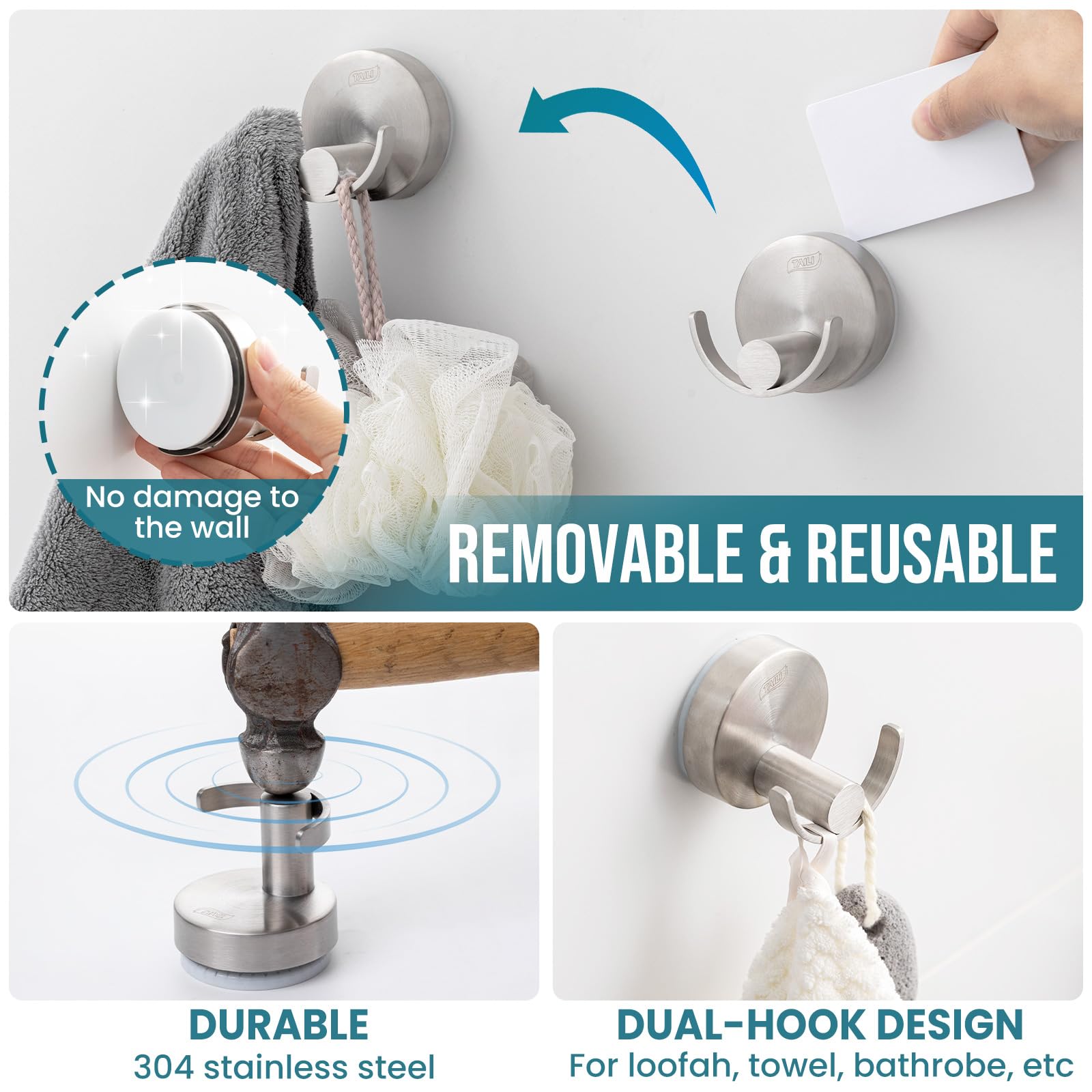 TAILI 304 Stainless Steel Bathroom Suction Hooks for Towel, Bathrobe, Loofah, Patented Strong Suction Cup Holder, No Damage Hanging Glass Shower Wall Hook, Double-Hook Sleek Design, 2 Pack