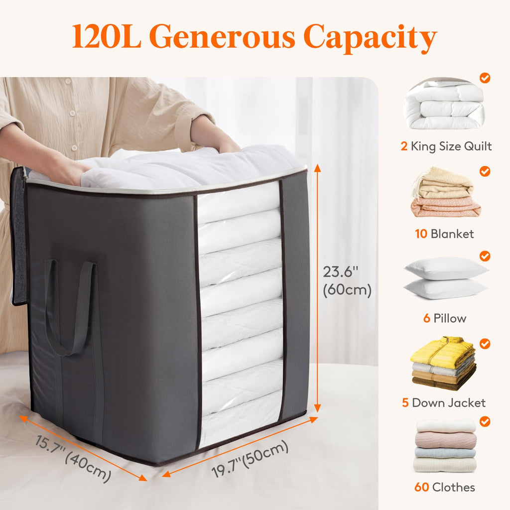 Lifewit 120L Extra Large Blanket Storage Bags, Foldable Clothes Storage Containers with Reinforced Handles, Storage Bin with Lids for King Comforter Bedding Pillow Sheet, 3 Pack