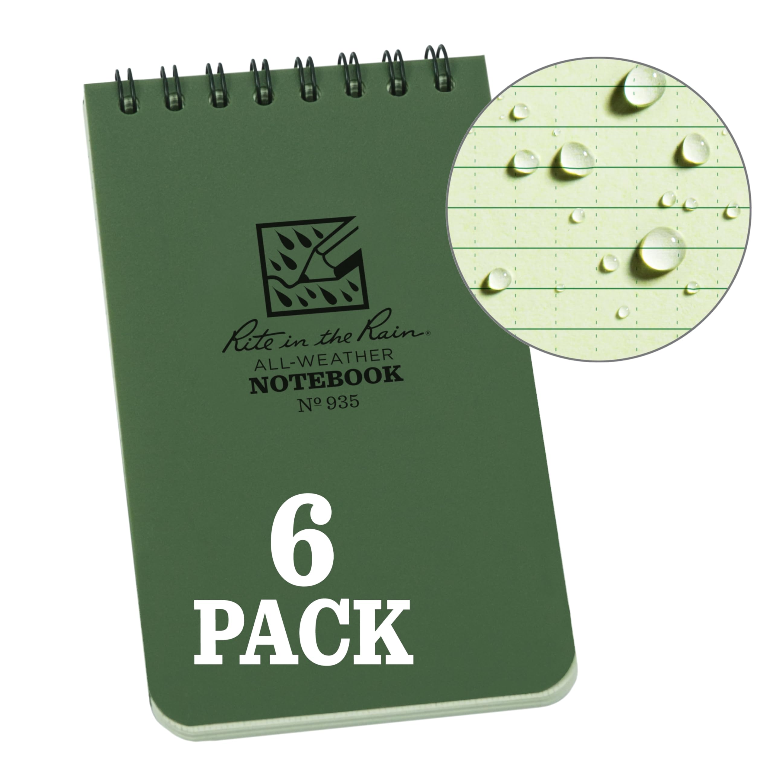 Rite in the Rain Weatherproof Top Spiral Notebook, 3" x 5", Green Cover, Universal Pattern, 6 Pack (No. 935L6)