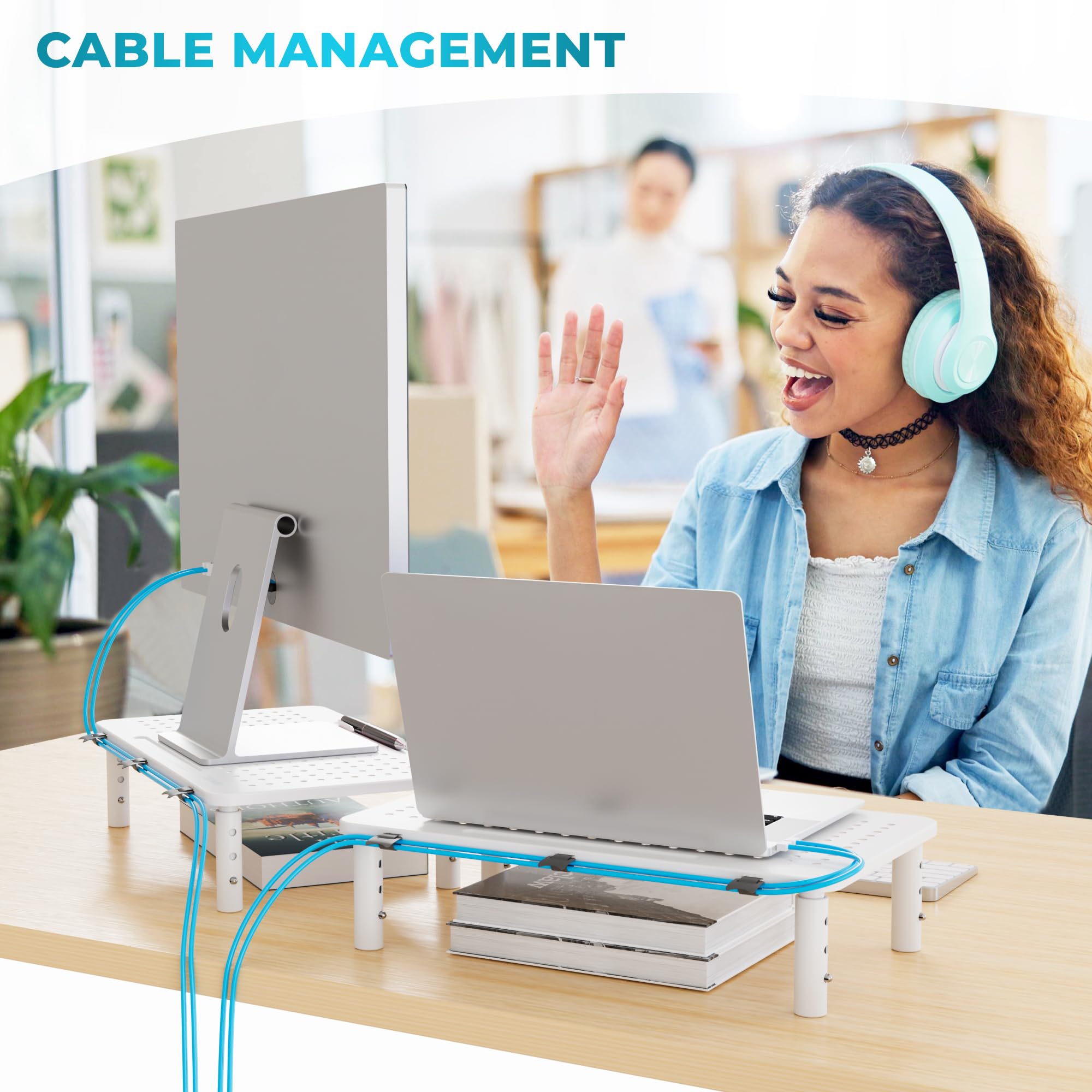 BONTEC 2 Pack Monitor Stand Riser, 3 Height Adjustable Monitor Stand for Desk, Computer Monitor Riser Stand with Mesh Platform for Laptop, Computer, iMac, PC (White)