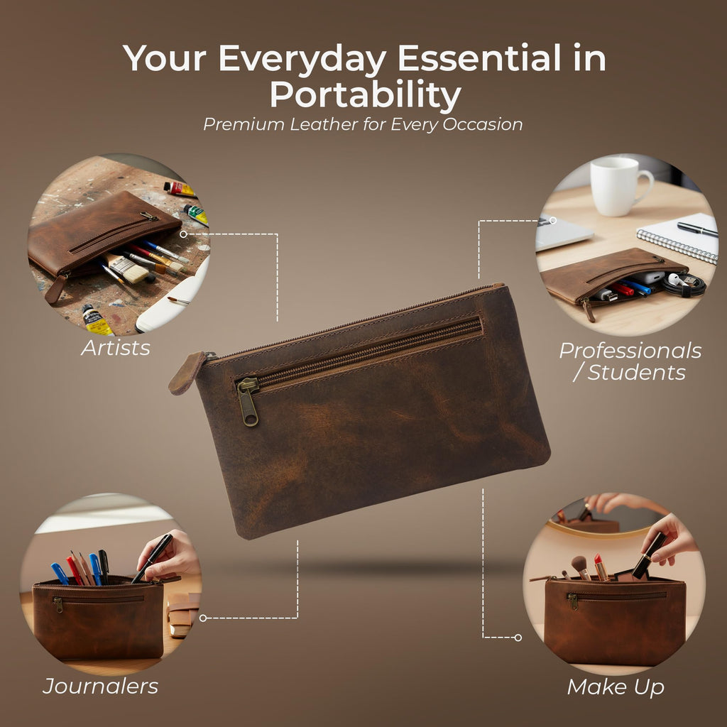 Wanderings Vintage Leather Pencil Pouch Case - 9"x5.5" / 23 x 14 cm - Hand Crafted Functional Brown Leather Zipper Pouch - Pencil Bag for Artists, Travel Makeup, Jewelry, and Purse Bag