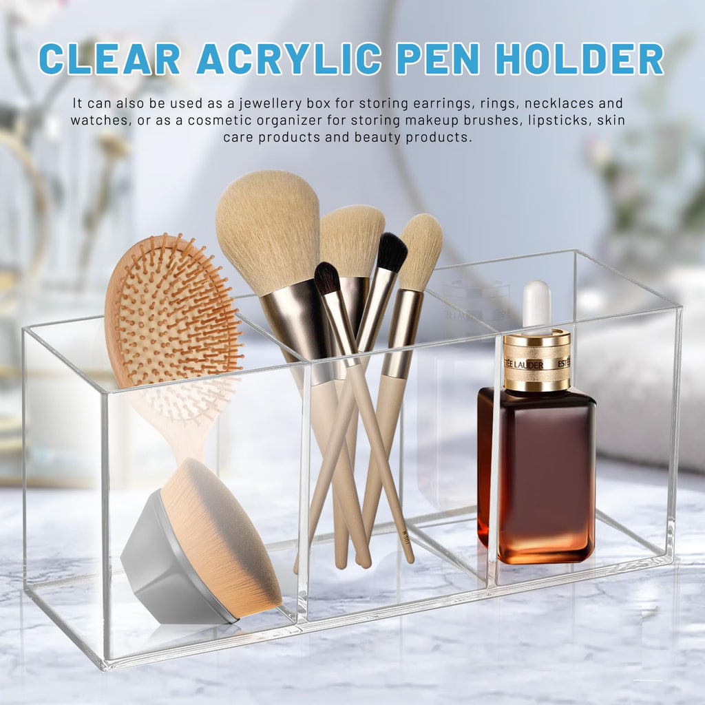 Realand 2Pcs Acrylic Pen Holder for Desk, 3 Compartments Clear Makeup Brush Holder Organizer, Pen Cup for Pencil Marker