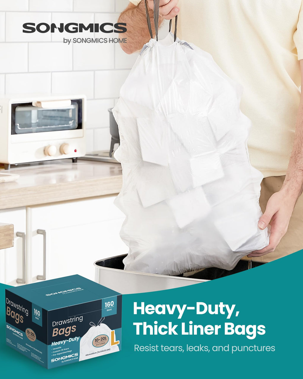 SONGMICS Trash Bags for 5.3 Gallon (20 L) Trash Cans, Drawstring Kitchen Garbage Bags, Pre-Separated, Quick-Dispense Box, Liner Code L, 4 Rolls, 160 Count, White UKRB021A04