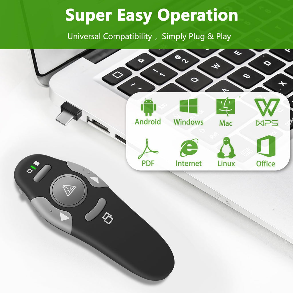 KUIYN Presentation Clicker Remote, Type C&USB Wireless Presenter, PowerPoint Clicker, Slide Advancer Control for Mac︱ Windows︱ Laptop, Support PPT︱Keynote︱Google Slides