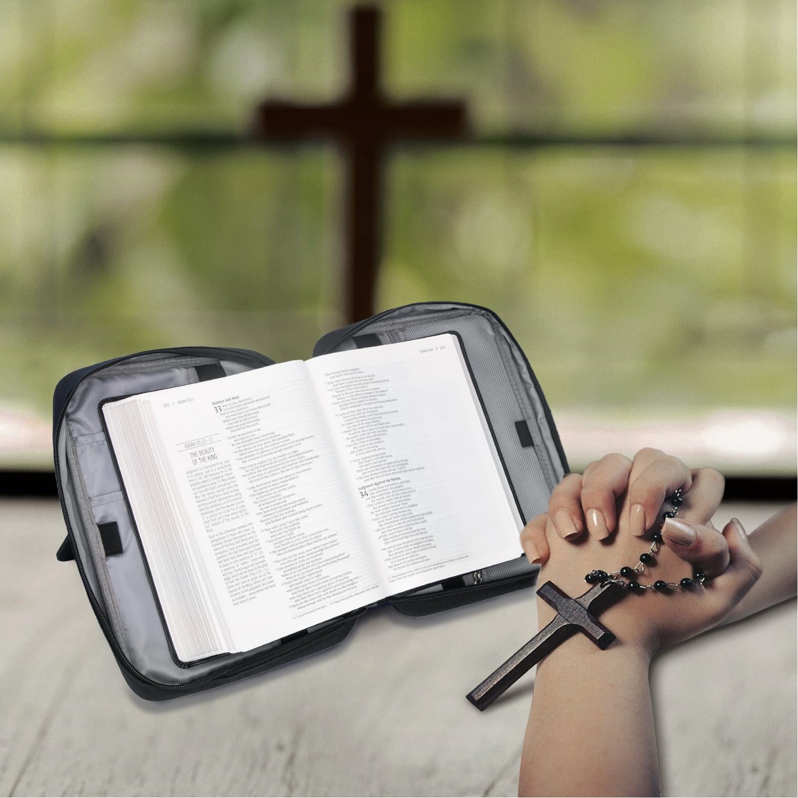 Bible Covers for Men & Women, Bible Case Carrying Church Bag with Book Stand, Bible Bag with Handle, Zipper and Multi-Pockets for Scripture Study Bible Protector (Black)