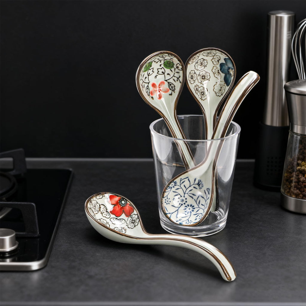 Cididu 8 Pcs Asian Ceramic Soup Spoons, Japanese Ramen Spoon with Long Curved Handle, Chinese Soup Spoon, Porcelain Tablespoon, Kitchen Serving Spoon for Miso, Noodles, Cereal, Wonton, Dumpling Rice