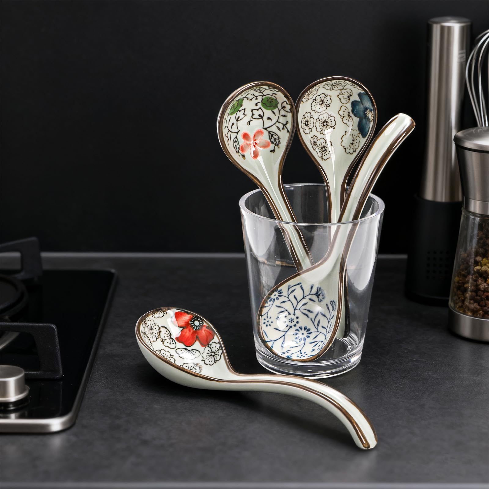 Cididu 8 Pcs Asian Ceramic Soup Spoons, Japanese Ramen Spoon with Long Curved Handle, Chinese Soup Spoon, Porcelain Tablespoon, Kitchen Serving Spoon for Miso, Noodles, Cereal, Wonton, Dumpling Rice