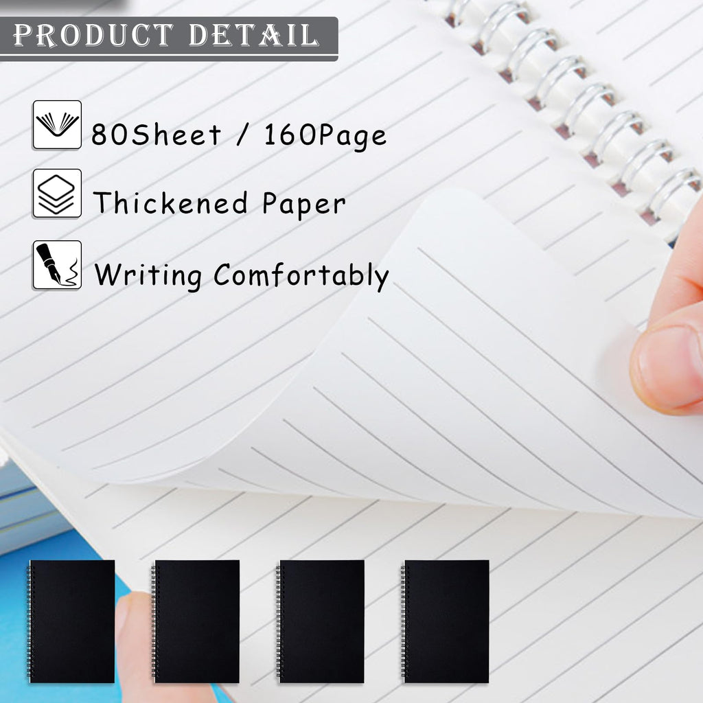 A5 Spiral Lined Notepad,4 Pack Spiral Notebook Wirebound Notebooks 80 Sheets(160 Pages)/Per Pack A5 Sketch Book Reporters Notepad for Office Travel School Drawing Black