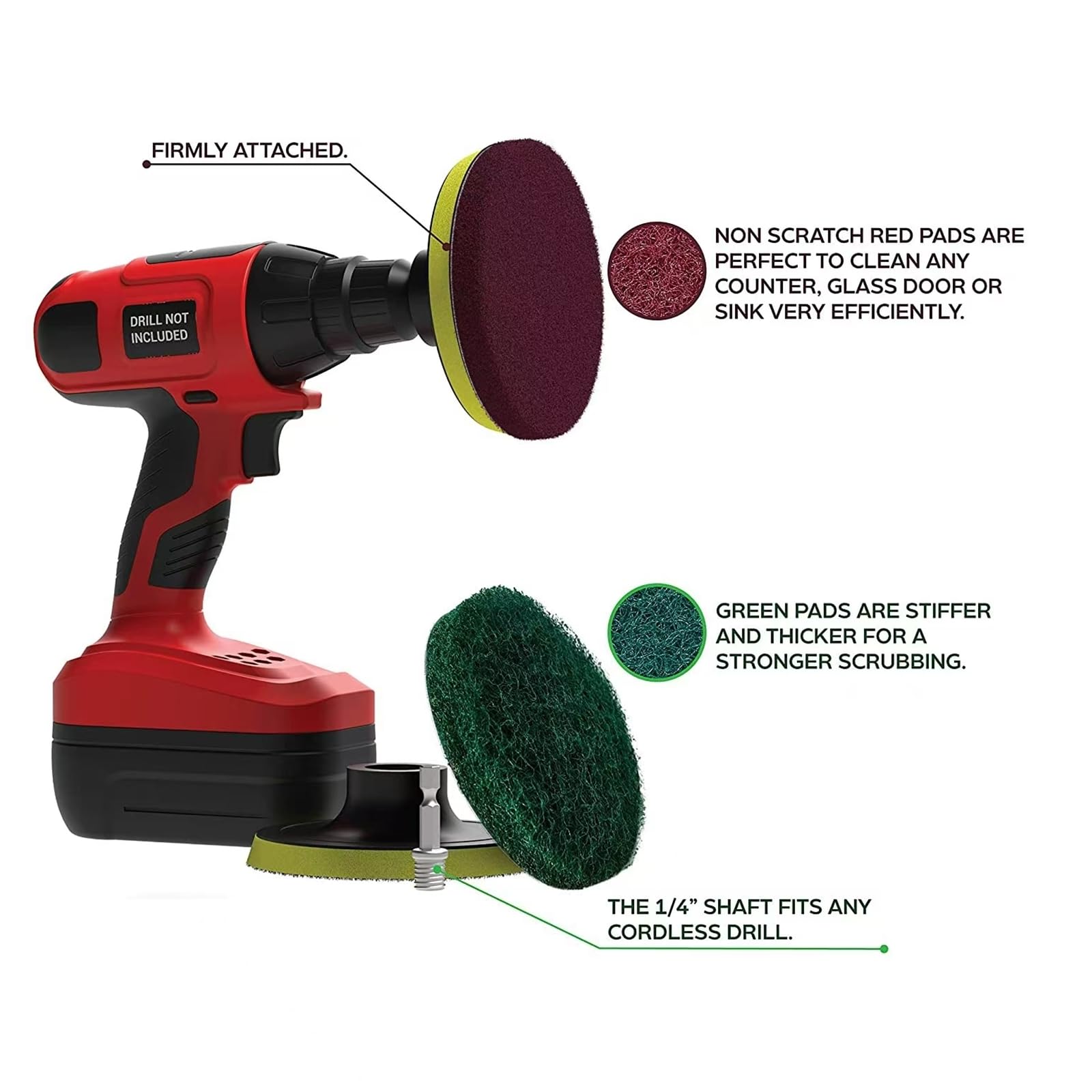 4 inch drill Power Brush Tile Scrubber Scrub Pad 2 different stiffness 4 inch pad Holders with 6 scrub pads Heavy Duty bath and tile cleaner for perfect cleaning of large flat areas drill not included