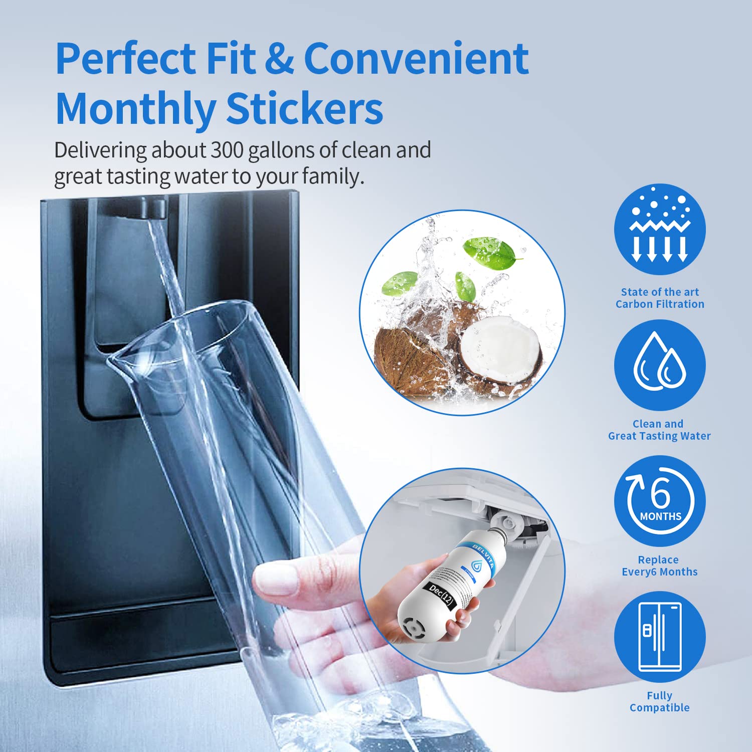 LT1000P Refrigerator Water Filter Replacement by BELVITA , Compatible with LG LT1000P, LT1000PC, LT1000PCS, MDJ64844601, ADQ747935, ADQ74793501, ADQ74793502, Kenmore 469980, 9980 (Pack of 3)