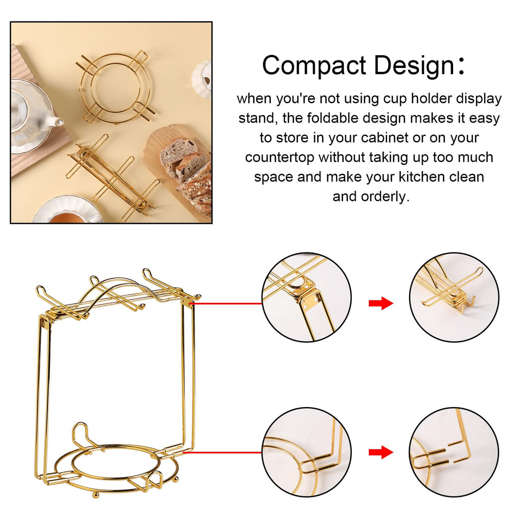 Sweejar Foldable Tea Cups Display Stand, Holds 6 Cups and 6 Saucers Stainless Steel Wire Rack Display Mug Holder Espresso Cups Holder