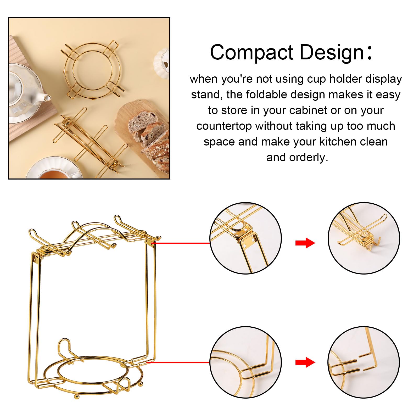 Sweejar Foldable Tea Cups Display Stand, Holds 6 Cups and 6 Saucers Stainless Steel Wire Rack Display Mug Holder Espresso Cups Holder