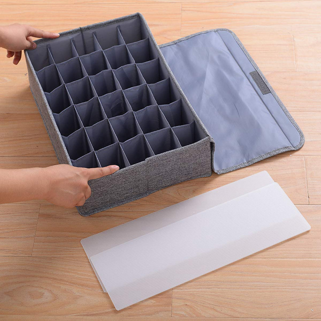 AARAINBOW 2 Packs Tie Storage Box with Lid, 60 Cells Sock Underwear Organizer for Dresser Drawer, Foldable Closet Necktie Holder for Men, Fabric Wardrobe Panty Container for Belt Scarf Lingerie, Gray