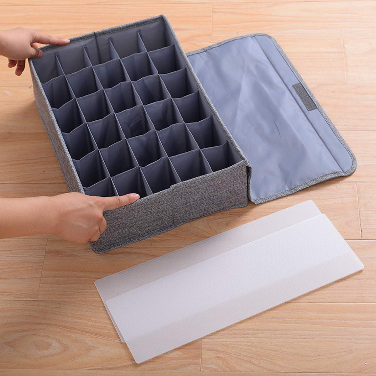 AARAINBOW 2 Packs Tie Storage Box with Lid, 60 Cells Sock Underwear Organizer for Dresser Drawer, Foldable Closet Necktie Holder for Men, Fabric Wardrobe Panty Container for Belt Scarf Lingerie, Gray