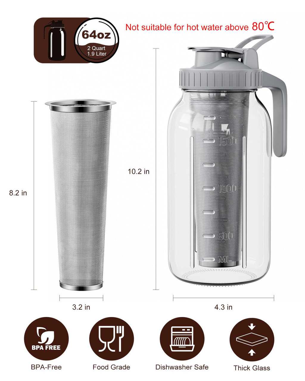 VA1KENE 64oz Cold Brew Coffee Maker with Stainless Steel Filter - Mason Jar Pitcher With Lid and Spout, No Leaks Iced Coffee Maker for Coffee, Ice Tea, Lemonade and Cold Brew