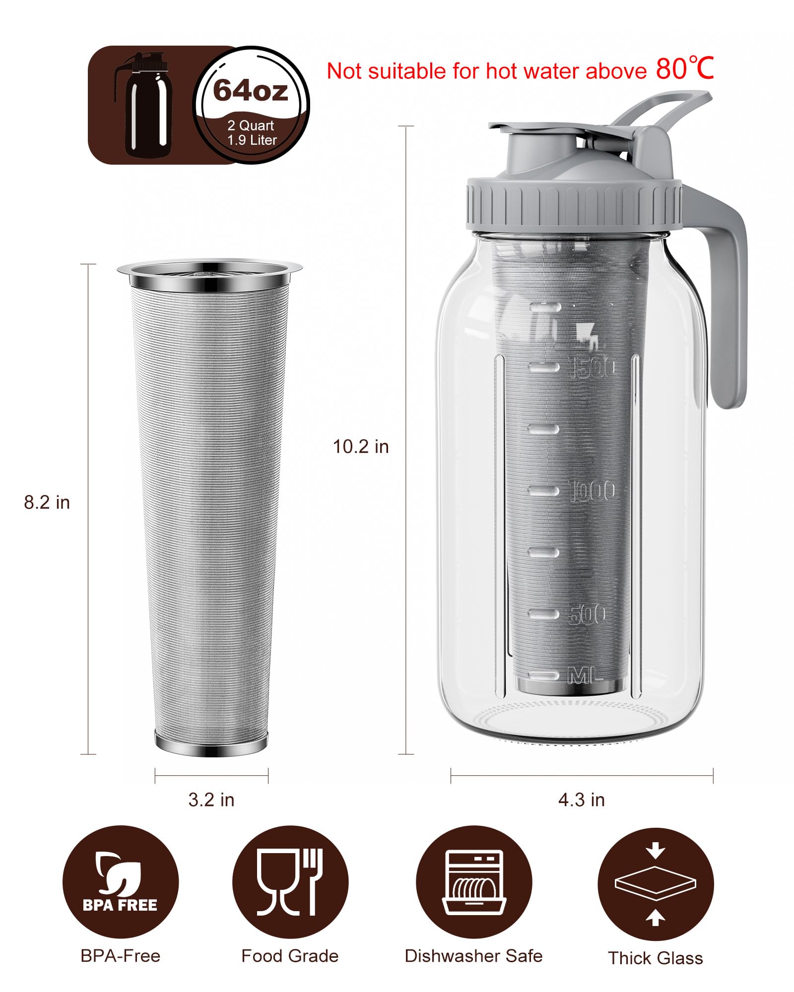 VA1KENE 64oz Cold Brew Coffee Maker with Stainless Steel Filter - Mason Jar Pitcher With Lid and Spout, No Leaks Iced Coffee Maker for Coffee, Ice Tea, Lemonade and Cold Brew