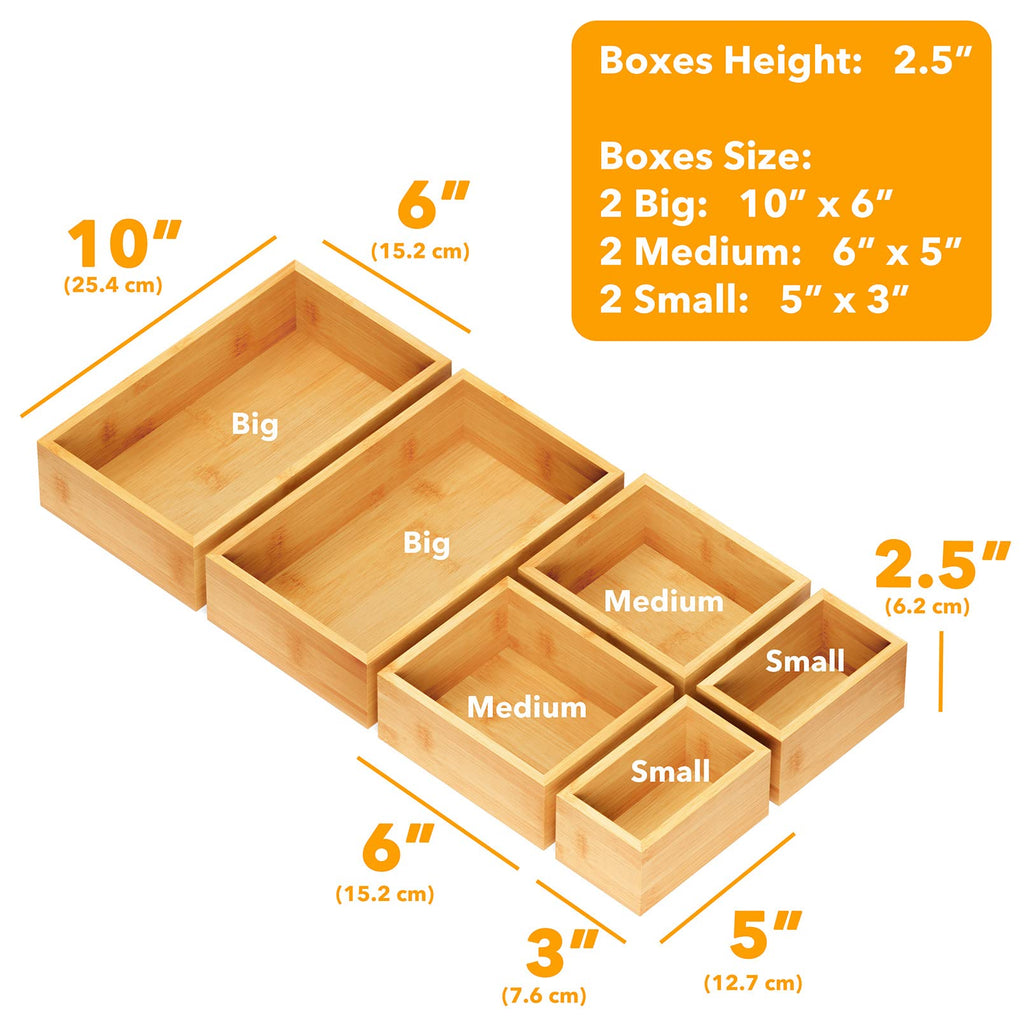 SpaceAid 6 Pcs Bamboo Drawer Organizer Storage Box Set, Multi-Use Drawer Organizer Bin for Kitchen, Bathroom, Office Desk and Makeup (6 Boxes)