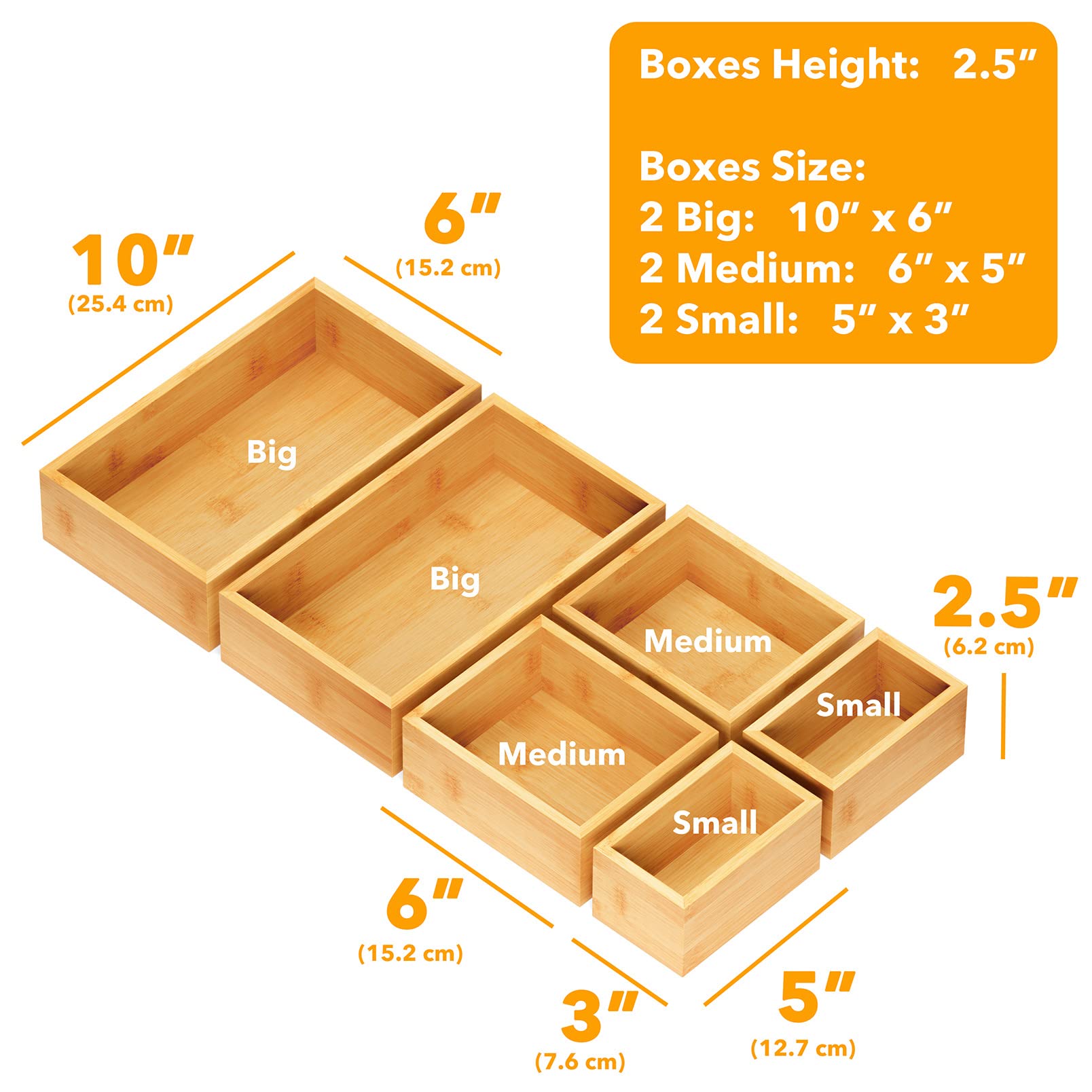 SpaceAid 6 Pcs Bamboo Drawer Organizer Storage Box Set, Multi-Use Drawer Organizer Bin for Kitchen, Bathroom, Office Desk and Makeup (6 Boxes)