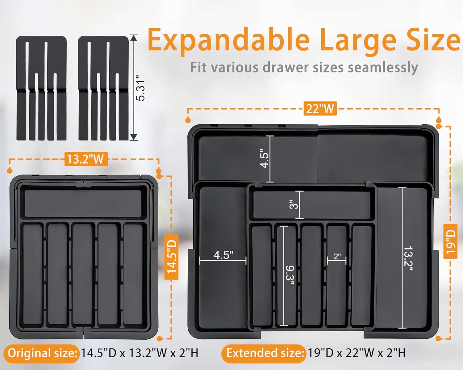 Oillase Silverware Organizer - Expandable Large Kitchen Drawer Organizer Utensil Organizer with 2 Removable Knife Blocks, 22"x 19"Cutlery Tray Drawer Dividers for Kitchen Flatware(6-9 Slots) (Black)