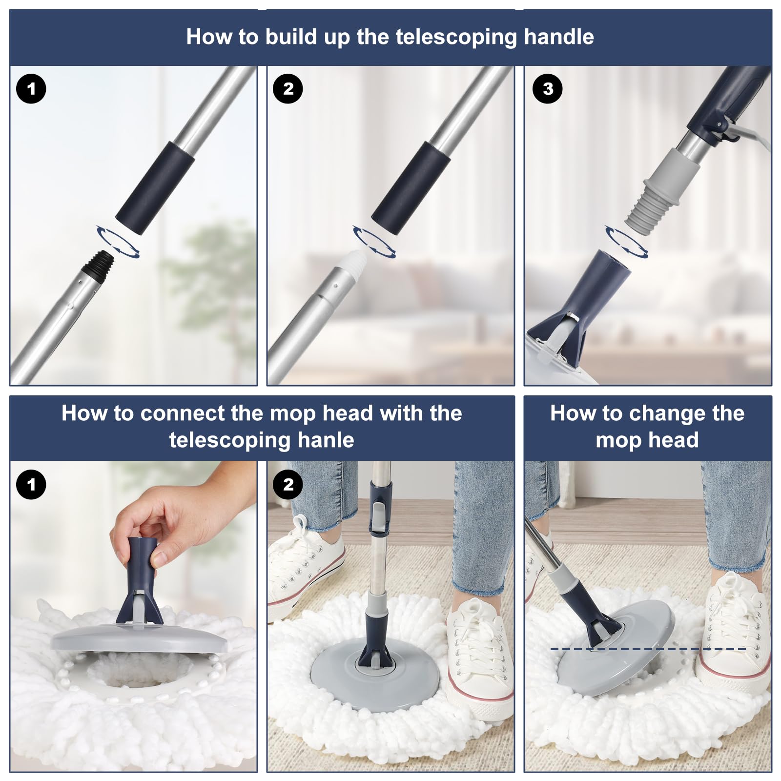 Spin Mop and Bucket System with180-Degree Rotating Head Telescopic Handle Dual Chamber Bucket Floor Cleaning Set with 3 Mop Refills Dual-Function Wringing Hand-Press and Foot-Pedal