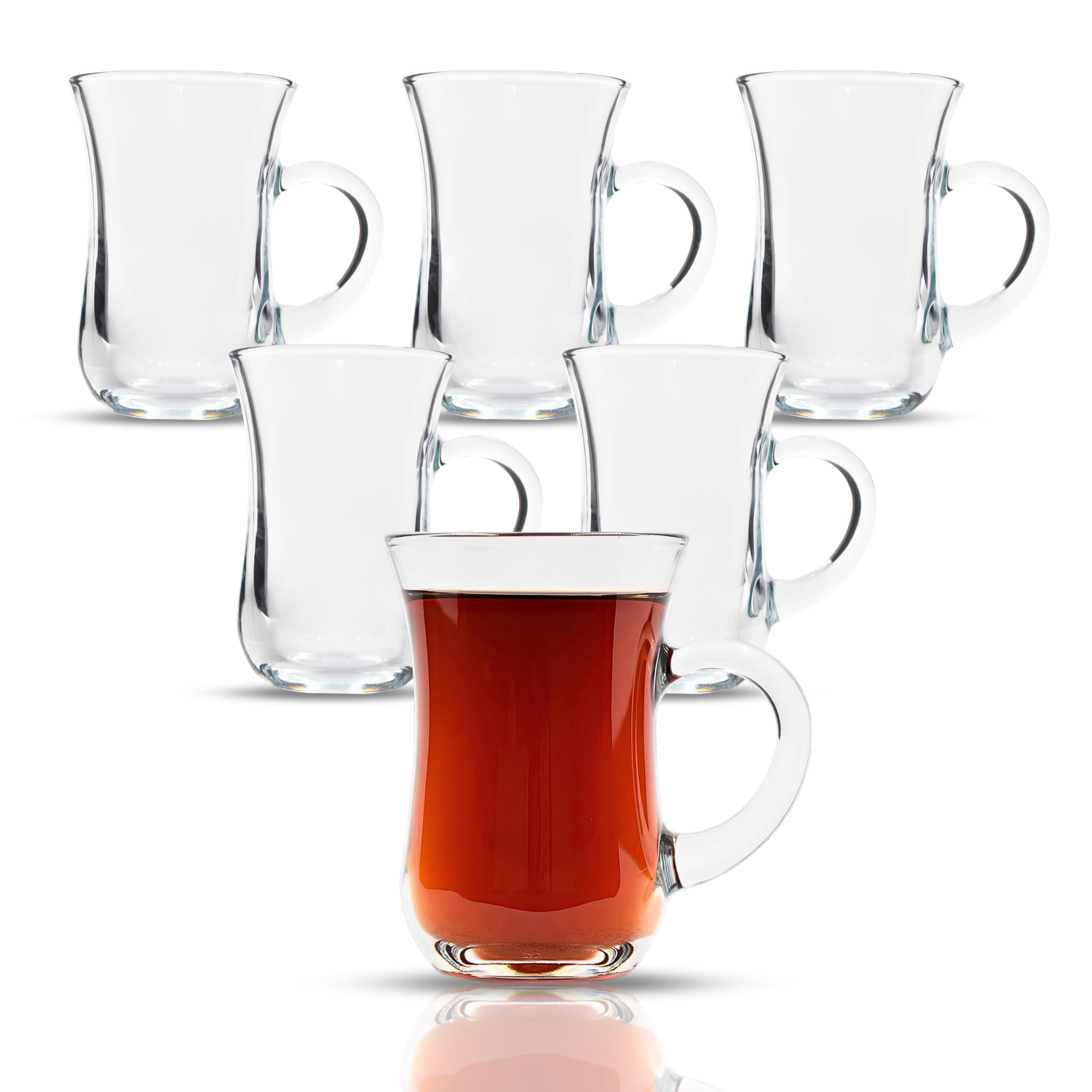 yersiz Turkish Tea Glasses With Handle - 6 pcs Glass Tulip Teacups, 4.9 oz Capacity, 2.6" Diameter, 3.7" Height