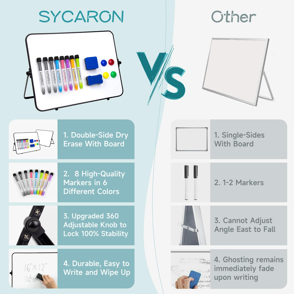SYCARON Dry Erase Whiteboard 12 x 16'', Magnetic White Board A3, Double Sided White Boards with Stand, Includes 8 Pens & 2 Eraser & 4 Magnets for Office and Home Drawing