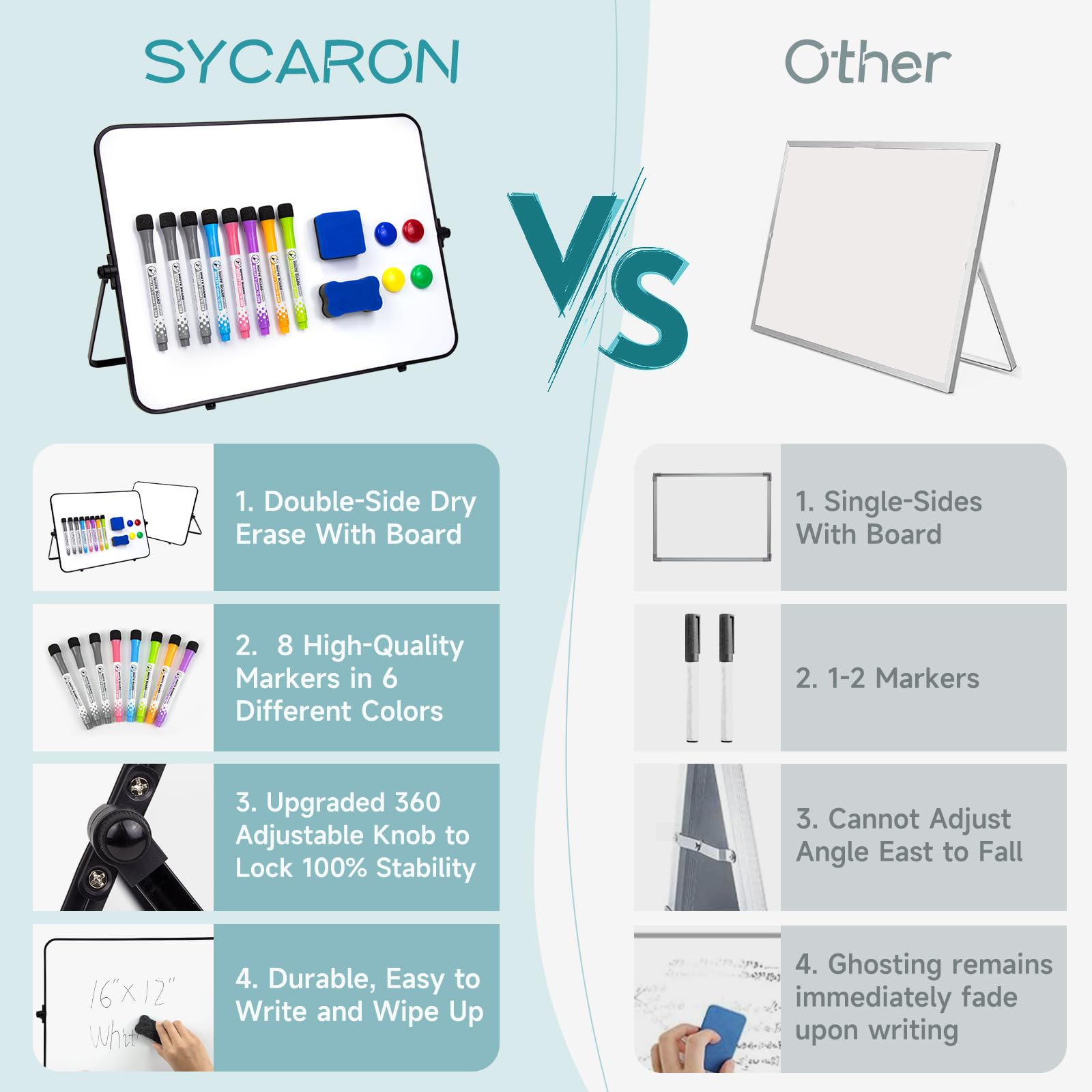 SYCARON Dry Erase Whiteboard 12 x 16'', Magnetic White Board A3, Double Sided White Boards with Stand, Includes 8 Pens & 2 Eraser & 4 Magnets for Office and Home Drawing