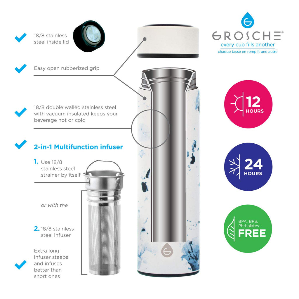 GROSCHE Chicago Soft Touch (White Marble) Fruit Infuser Water Bottle Double Walled Tea Infuser Bottle Insulated Stainless Steel Water Bottle Vacuum Flask 450 ml/ 15.2 fl. Oz
