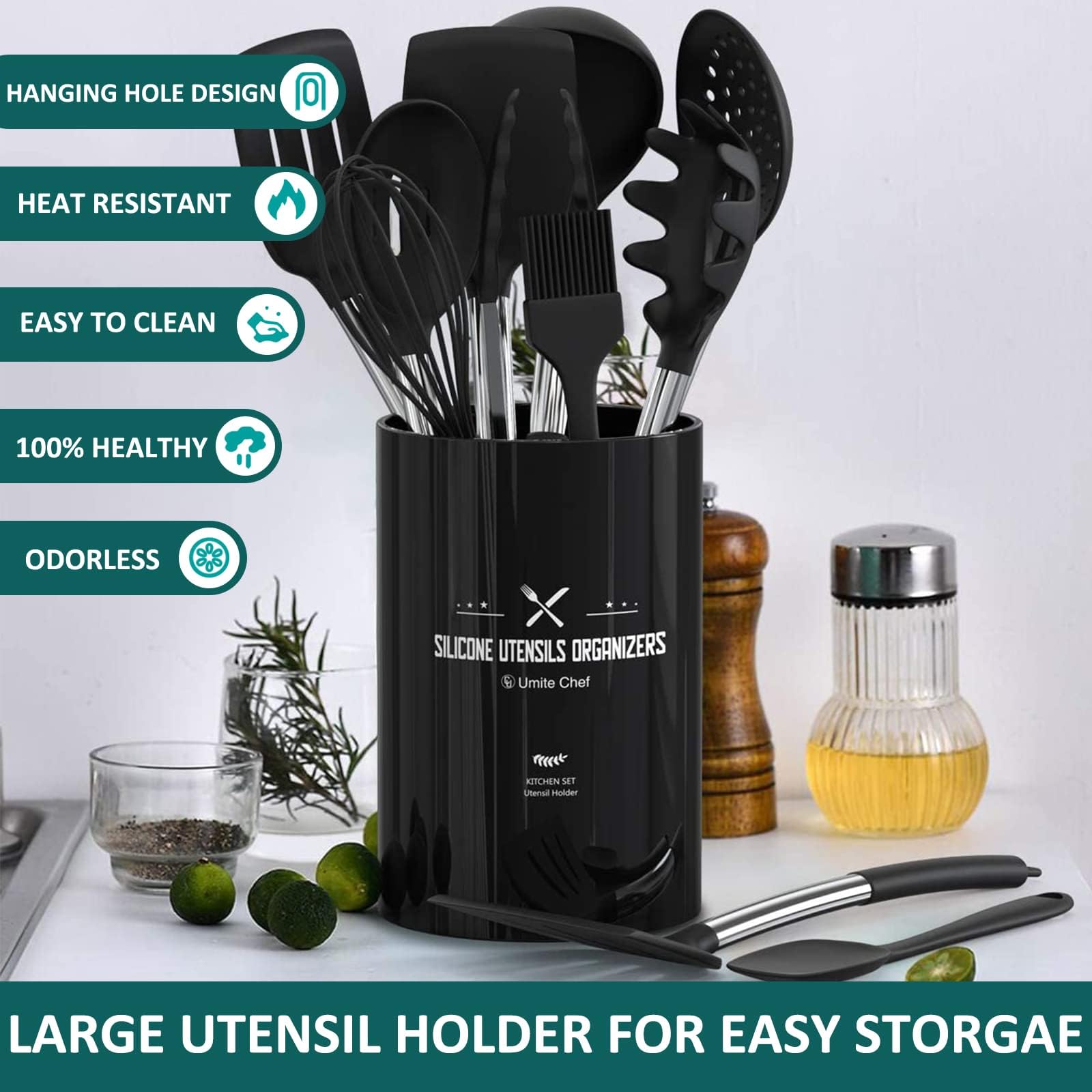 Silicone Cooking Utensil Set, Umite Chef 15pcs Silicone Cooking Kitchen Utensils Set, Non-Stick Heat Resistant - Best Kitchen Cookware with Stainless Steel Handle - Black