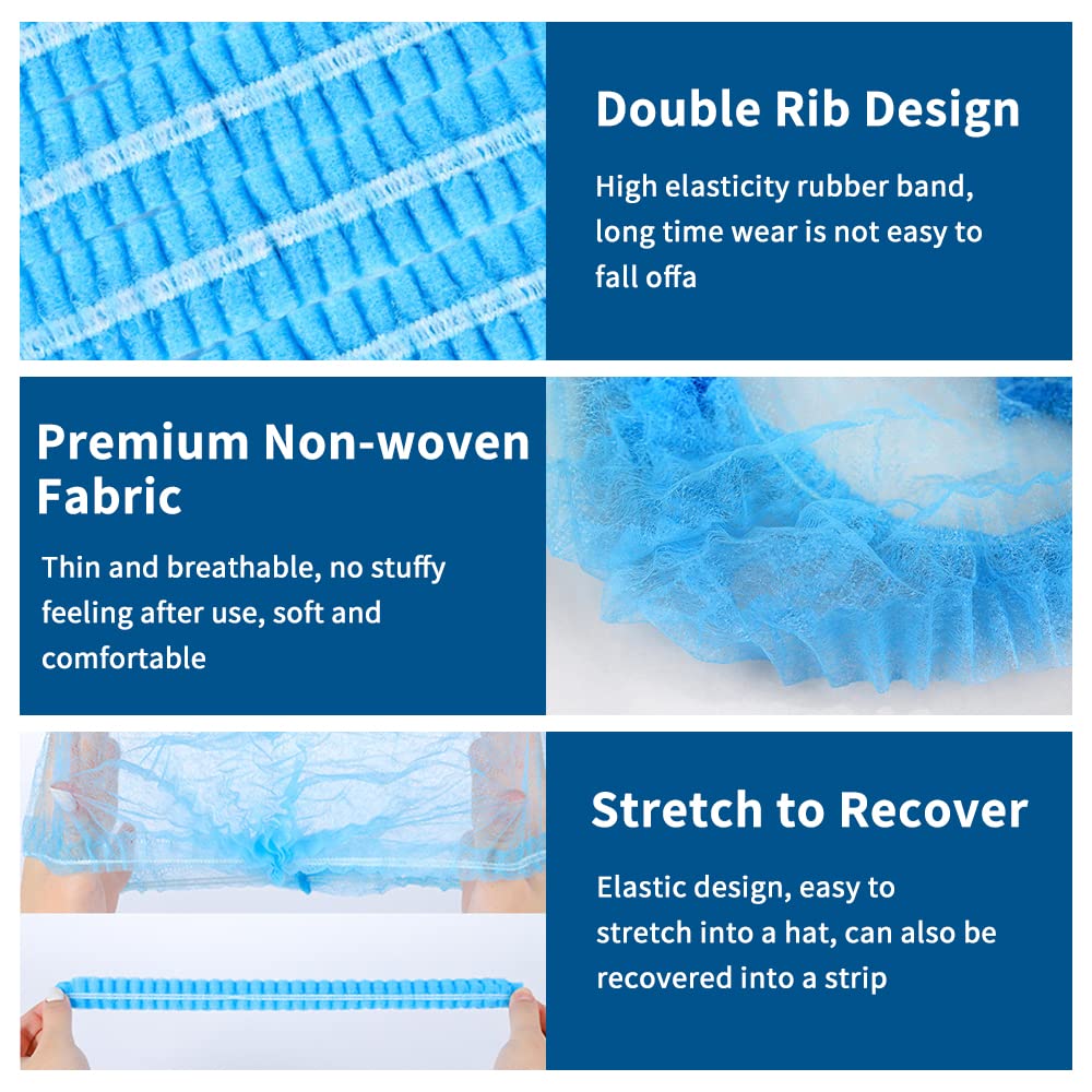 200 PCS Disposable Nonwoven Bouffant Caps Hair Net Cap Free Size Elastic Cap, TIE-DailyNec Non-Woven Strip Cap for Food Service Beauty Kitchen Hospital and Workspace (Blue)